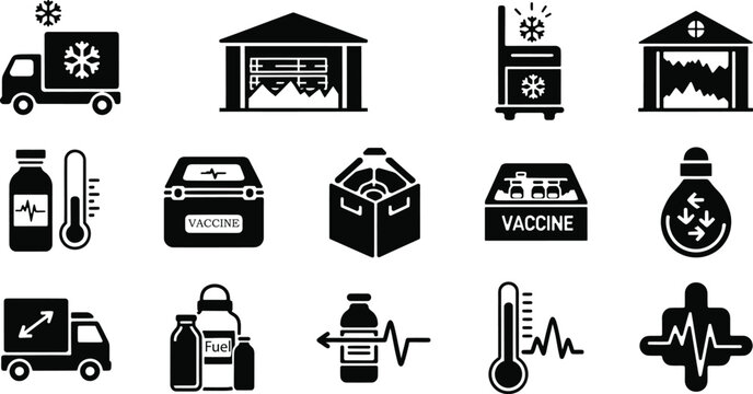 Collection of black and white icons related to refrigeration temperature and transportation
