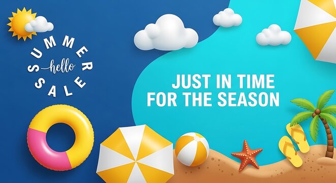A colorful summer sale advertisement with beach elements