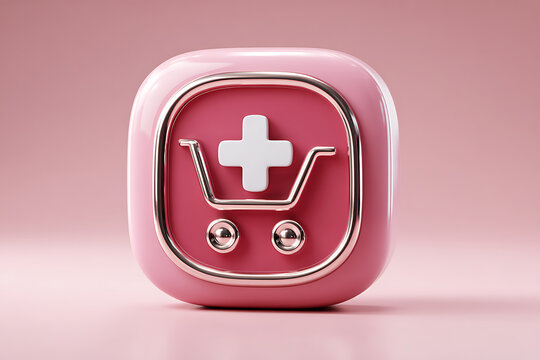 A pink cube with a shopping cart and cross symbol on it