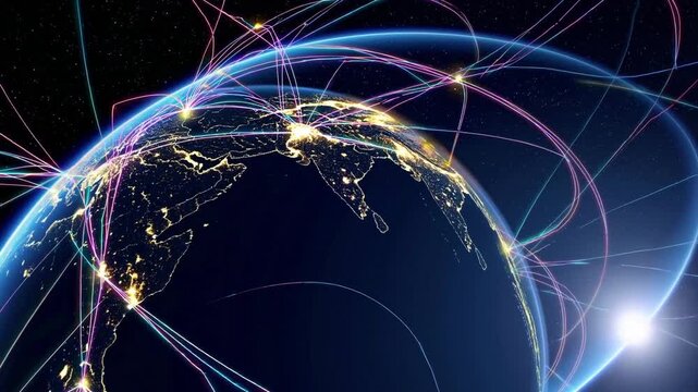 Global night map showing network connections across asia and europe, luminous data arcs trace international routes between city hubs, orbital satellite relays