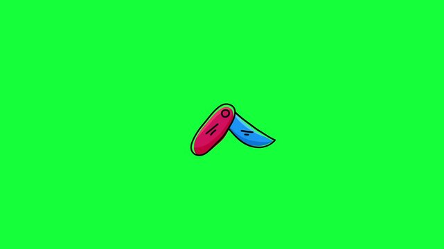 Hand-drawn style animation of a vibrant red and blue pocket knife opening and closing.perfect visual for camping, survival skills, outdoor adventure, or DIY project theme