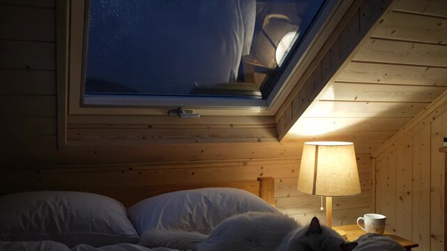 Cozy Attic Bedroom with Sleeping White Cat at Night. Seamless looping 4k video background