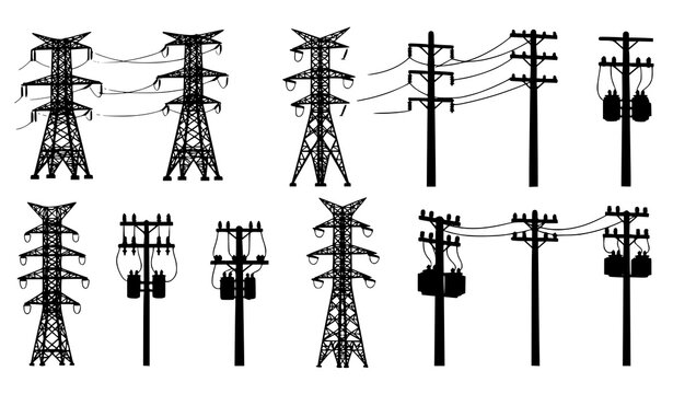 Electricity pylons and utility poles silhouette vector set black isolated