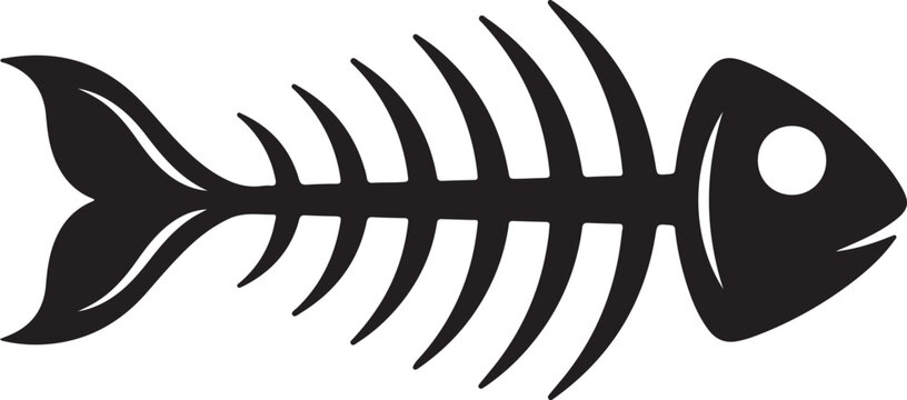 Minimalist fish bone skeleton vector icon, black fishbone silhouette isolated on white, nautical waste and seafood remains graphic element