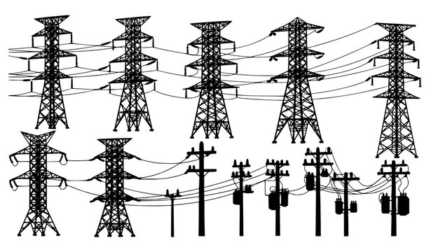 Silhouette vector set of electricity pylons and utility poles black isolated