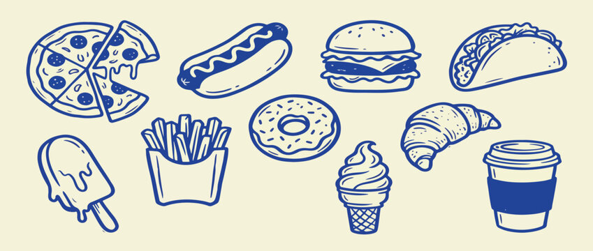 Fast food doodle line art vector illustration
