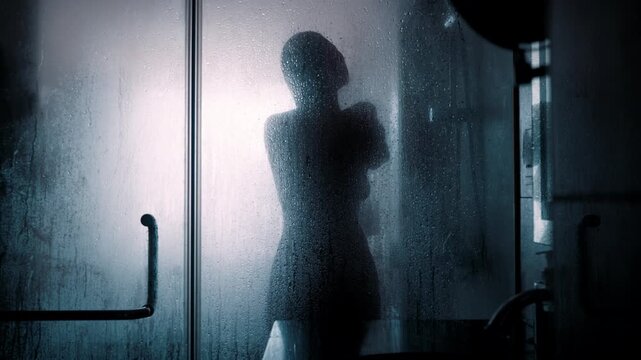 Person takes a shower in a bathroom with steam covering the glass door while water flows from the showerhead