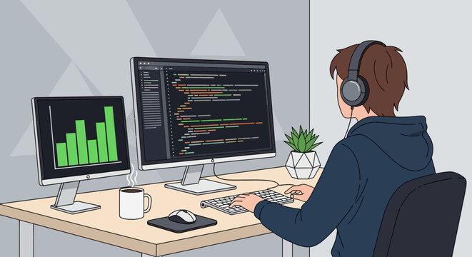 Young man wearing headphones, intensely focused on coding and programming on dual computer screens in a developer's bright studio workspace.