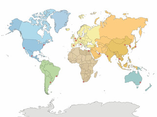 Obraz premium Global Map Highlighting Key International Locations With Red Markers Indicating Important Cities