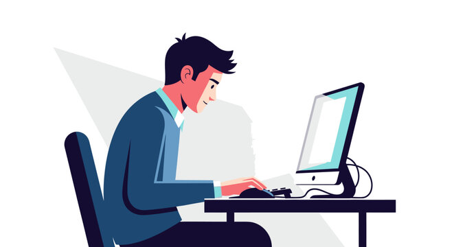 Diligent man working intensely on desktop computer at an office desk, isolated white background.