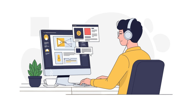 Focused man with headphones working on computer in office setting, isolated white background.