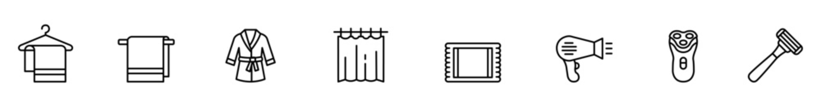 Bathroom icon set towel icon bathrobe icon shower curtain icon rug icon hair dryer icon shaver icon razor icon line art icon outline symbol clean minimalist design for bathroom interface and print