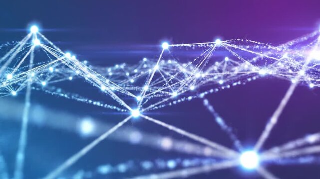Abstract digital network with connected nodes and glowing data lines.