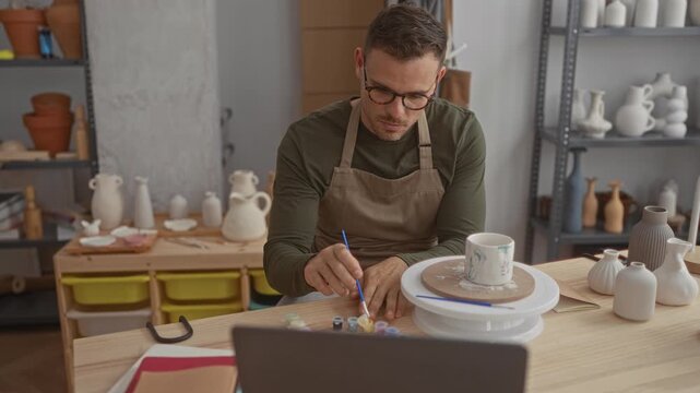 Man wearing apron and glasses painting ceramic mug on pottery wheel with brush, hand holding brush visible in studio; focused creativity.