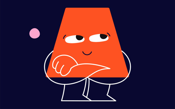 Red trapezoid geometric figure face. Big happy eyes, mouth and stubby arms and legs.