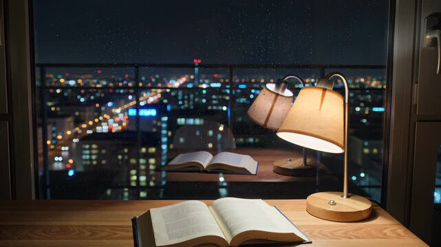 Cozy Night Reading Scene with Books and Desk Lamp by Window. Seamless looping 4k video background