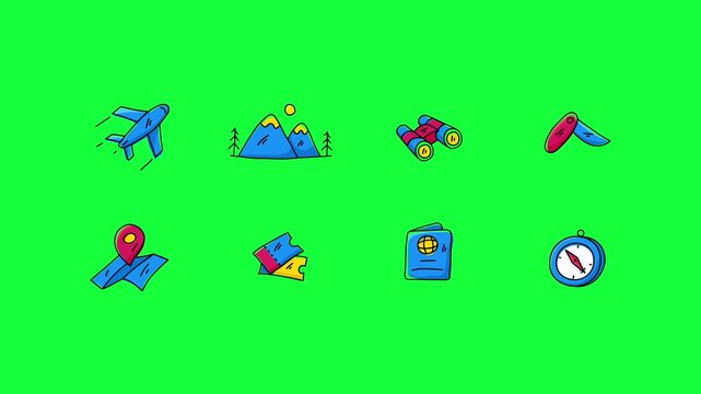 travel and camping icons featuring a hand-drawn doodle style. The collection includes an airplane, mountains, binoculars, pocket knife, map with pin, tickets, passport, and compass