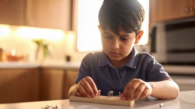 Young boy focused on playing with a wooden pegboard toy at home