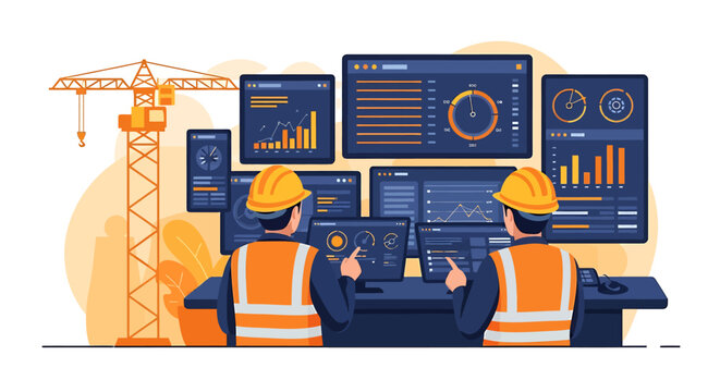 Construction workers monitoring data on multiple screens.