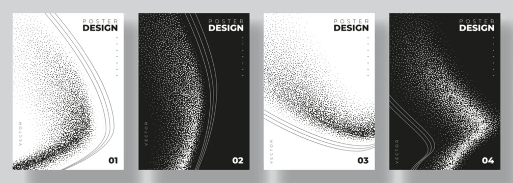 Vector flyers with abstract grainy gradient texture. Collection of flyers with waves made by black stipple texture effect. Abstract black gradient waves with stipple effect. Rough noisy dotted banners