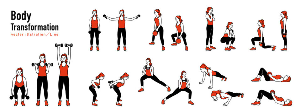 Body Transformation. A woman doing weight training.