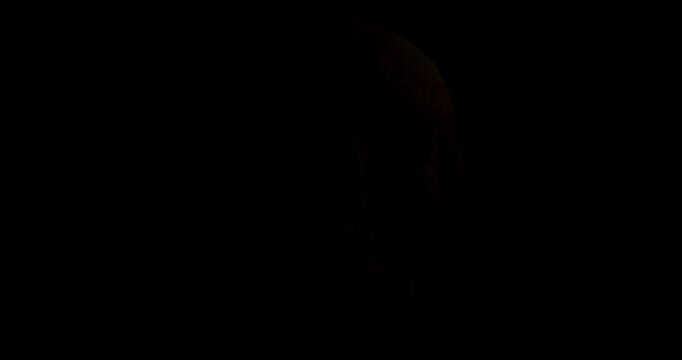 Human Skull with Light. Video of a motionless human skull with motion light on black background.