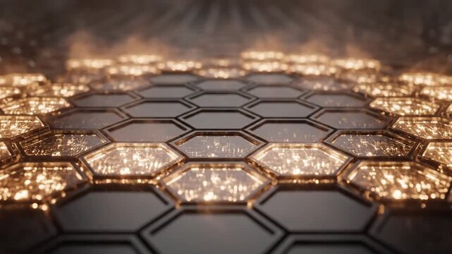 Dark hexagonal grid pattern with illuminated central glowing cell