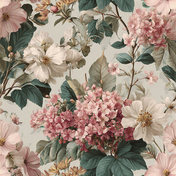 Vintage floral pattern with soft pink and white flowers and green leaves, creating romantic and elegant cottagecore wedding background full of delicate natural beauty