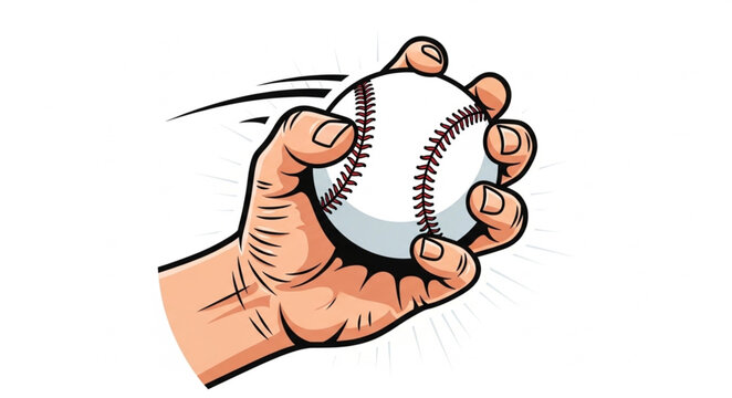 Hand gripping a baseball ready to throw, sports illustration.