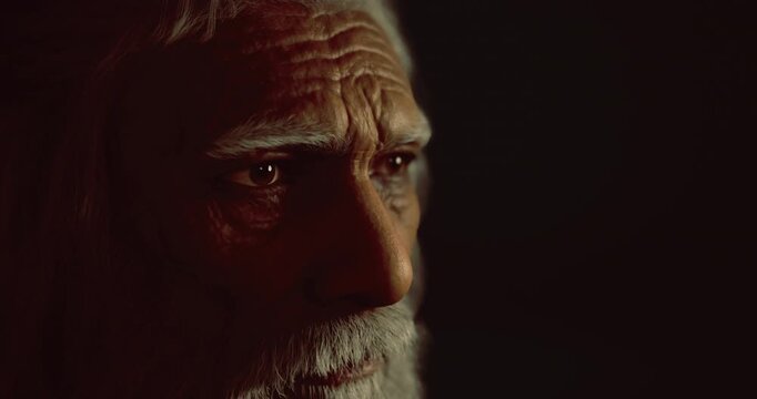 The elderly man reflects deep thoughts with a wise expression. His weathered face and piercing eyes reveal a lifetime of experience, captured beautifully in dim lighting.