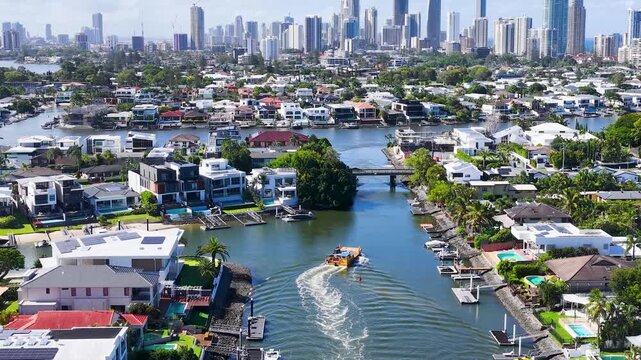 Aerial View of Waterfront Homes and Surfers Paradise Skyline in Gold Coast