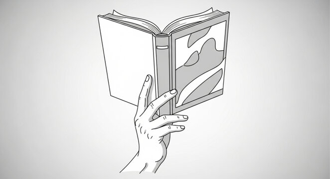 Hand holding an open book with an illustration, ready to read.