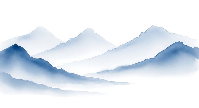 Traditional chinese ink wash painting of serene misty mountains in shades of blue and white