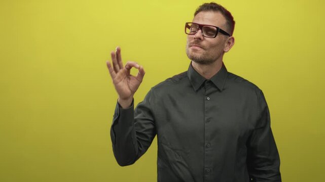 Man with glasses and stubble shows ok hand gesture with right hand, slight smirk and tilted head in a yellow studio wall; confidence.