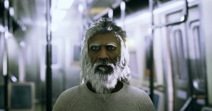 An elderly man with long white hair and a beard gazes intently in an empty subway car during late night hours. The dim lighting enhances the atmosphere of solitude around him.