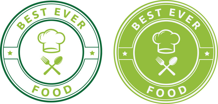 Best ever food badge label with chef hat fork and spoon icon in green circular emblem design, organic restaurant quality seal concept of healthy cuisine excellence and premium product branding
