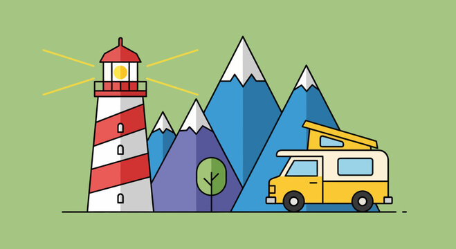 A colorful illustration of a lighthouse, mountains, and a camper van on a summer day.
