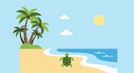 Obraz premium A green turtle walks towards the ocean on a sandy beach with palm trees under a sunny summer sky.