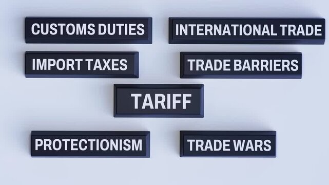 4K 3D Video Animation Tariffs and Trade Barriers Concept with Floating Text Blocks, Global Trade Policy Illustration