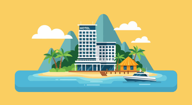 Summer vacationers relax on a tropical island getaway with a hotel and boat