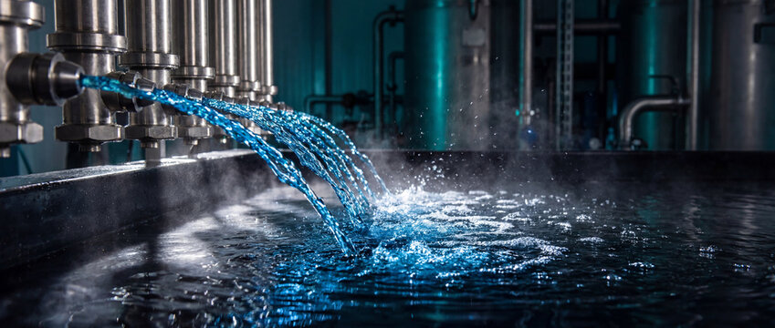 Vibrant blue water streams flow into a tank, creating steam in a modern industrial facility. Represents water treatment and cooling processes