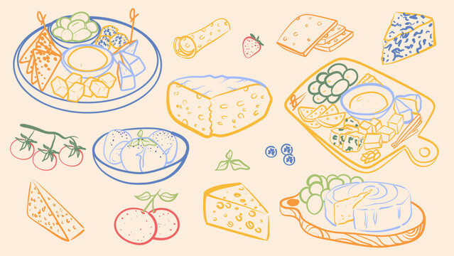 Hand drawn cheese set with various types of cheese, charcuterie boards, grapes and tomatoes. Colorful ink line art vector illustration of dairy products and snacks for menu design.
