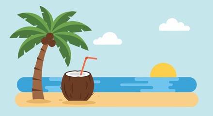 Obraz premium A serene summer beach scene with a coconut drink under a palm tree.