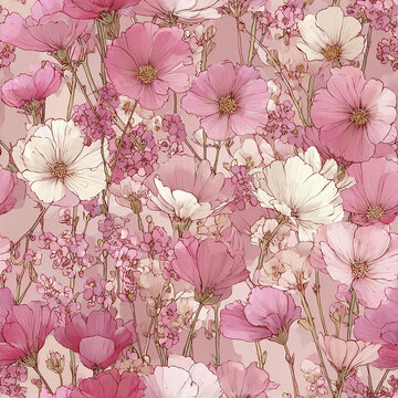 Delicate pink wildflower pattern with soft white and light pink petals creating gentle and elegant floral surface design full of natural beauty and calmness