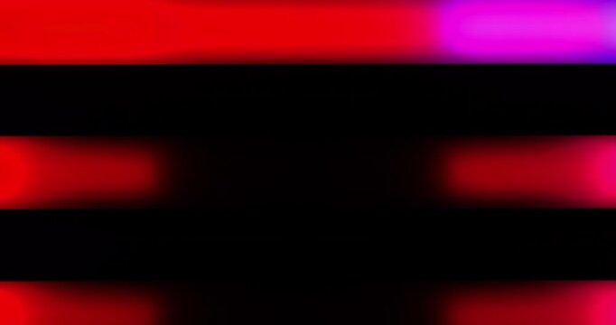 Neon Horizontal Glowing Light Bars Abstract. Dynamic abstract footage featuring blurred horizontal neon bars in vibrant red pink purple and blue hues rhythmically shifting and pulsing.