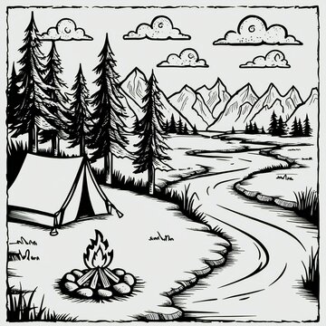 Hand drawn sketch of a campsite with a tent campfire river and mountains