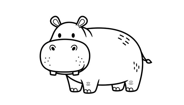 Cute cartoon hippopotamus illustration in black and white