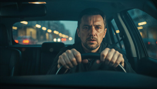 Tense man gripping the steering wheel while driving at night with a focused and strained expression. Concept of survival mode, chronic stress, emotional suppression and constant pressure in urban rout