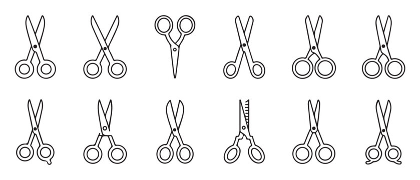 Variety of 10 outline scissor icons, representing different styles of cutting instruments