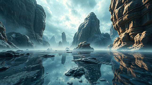 A panoramic view of a surreal 3D alien landscape, where towering ancient sandstone canyons overlook a crystalline glass ground plane, revealing impossible
